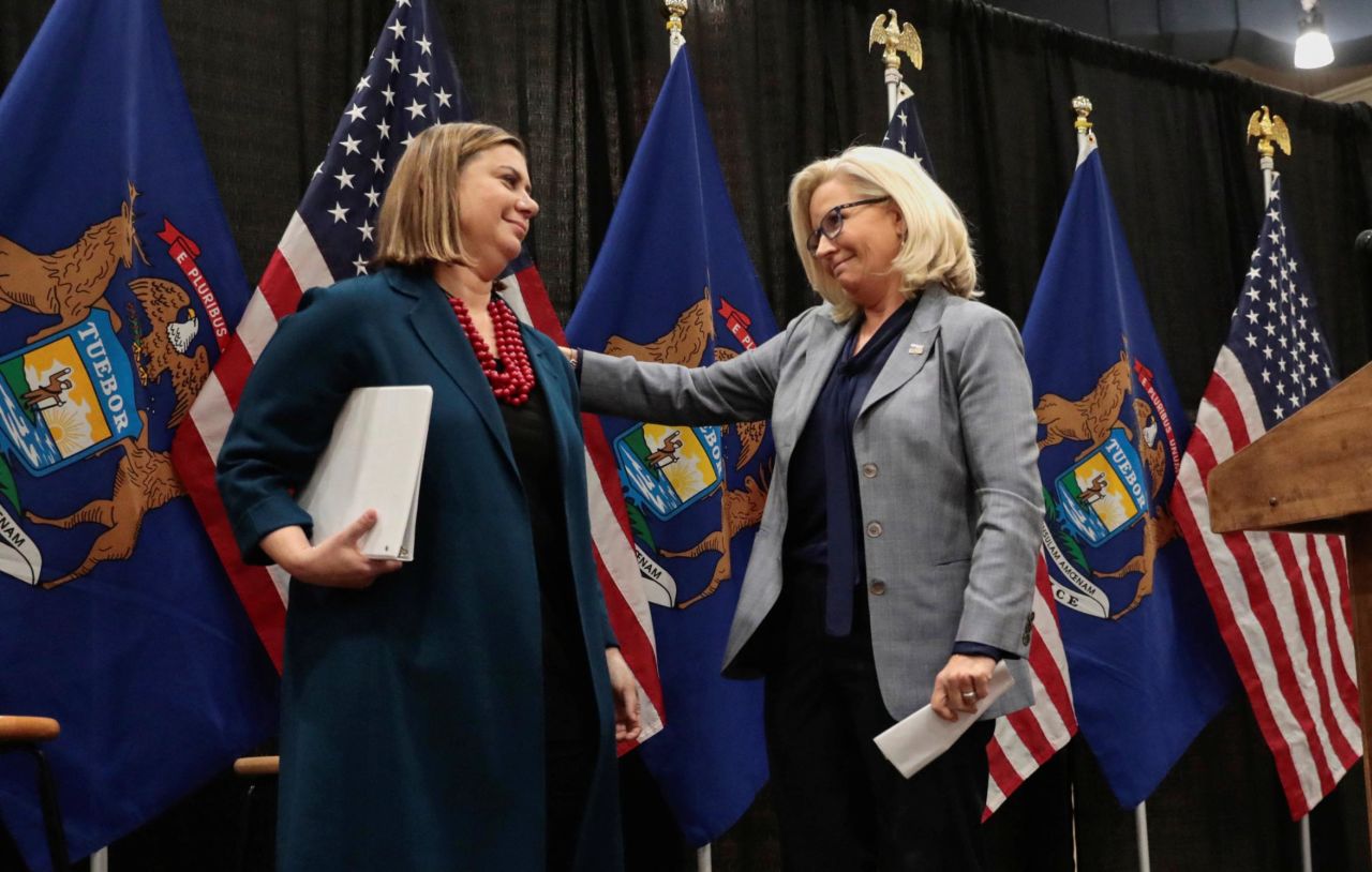 Republican Rep. Liz Cheney of Wyoming, right, endorses Democratic Rep. Elissa Slotkin of Michigan on Tuesday, November 1, in Lansing, Michigan. Cheney lost her primary race to a challenger backed by former US President Donald Trump after becoming one of his most vocal critics within the Republican Party. 