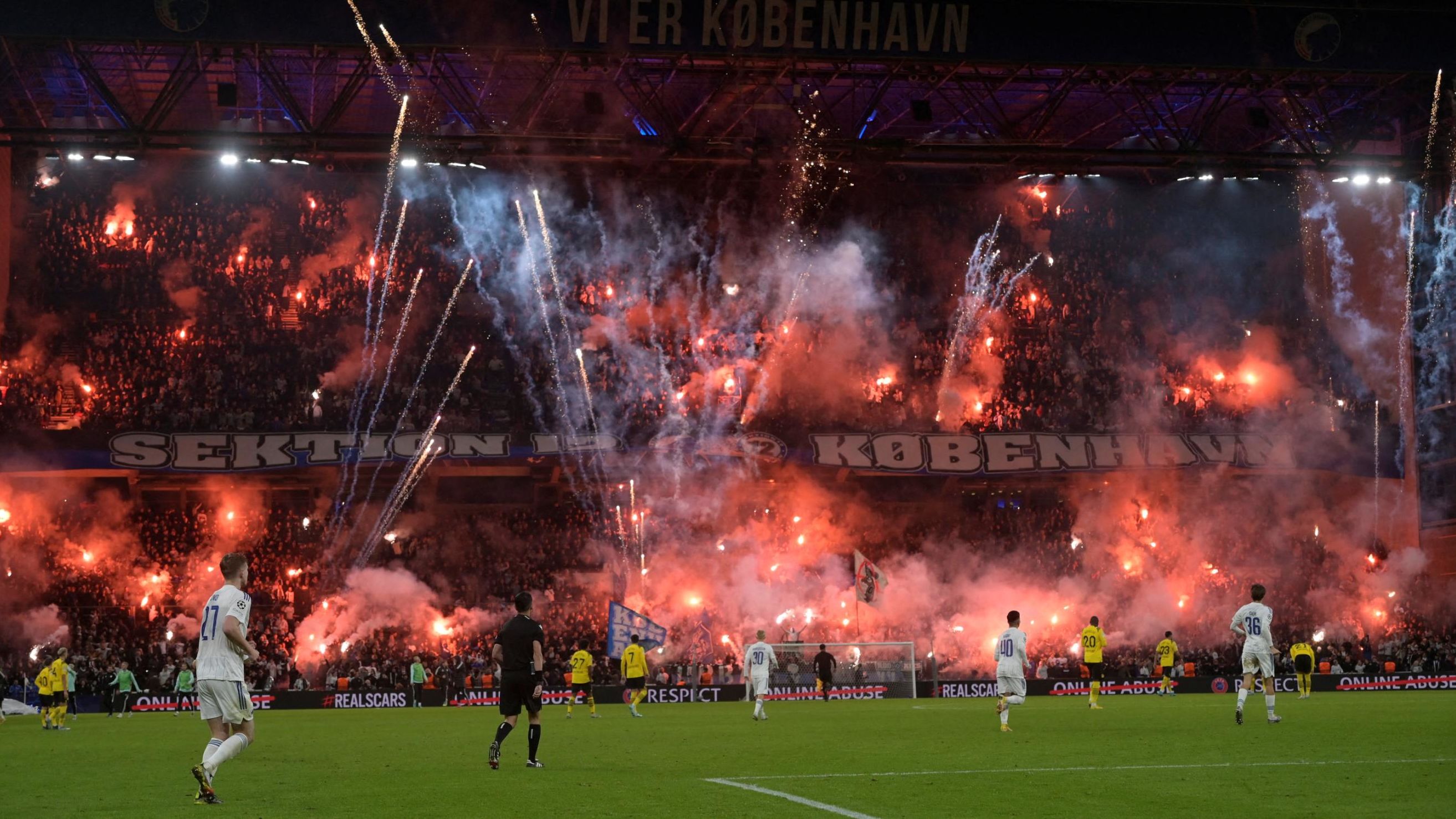 FC Copenhagen fans let off flares in the stands during a match against Borussia Dortmund in Copenhagen, Denmark, on Wednesday, November 2.