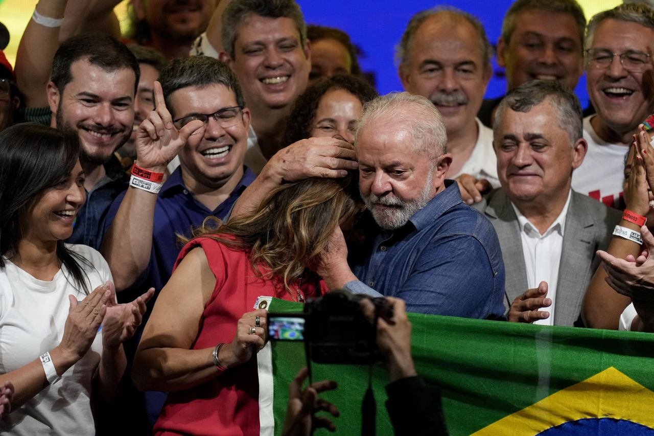 Luiz Inacio Lula da Silva embraces his wife, Rosangela, on Sunday, October 30, in Sao Paulo, Brazil, after defeating incumbent Jair Bolsonaro in a presidential run-off to become the country's next president.