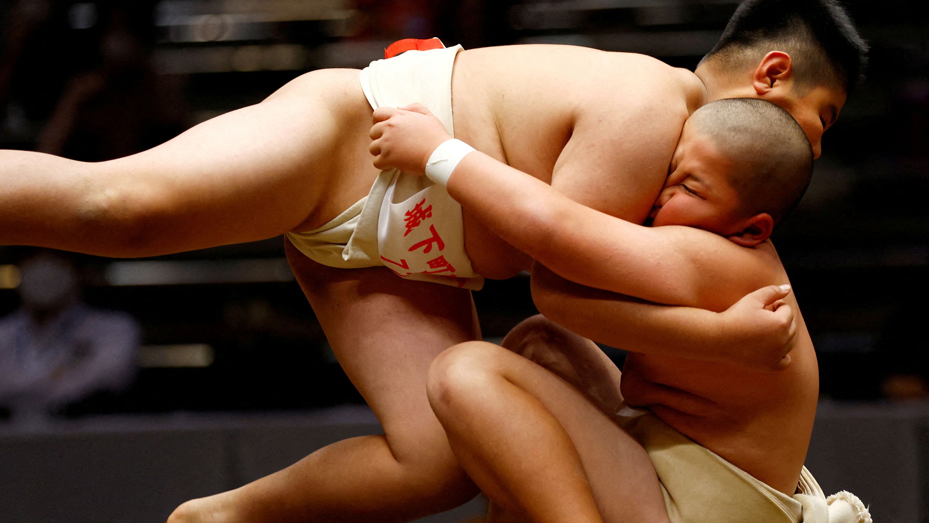 Elementary school sumo wrestlers compete during a tournament in Tokyo on Saturday, October 29.