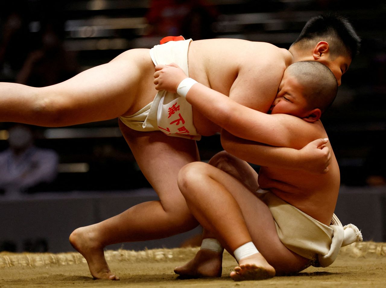 Elementary school sumo wrestlers compete during a tournament in Tokyo on Saturday, October 29.