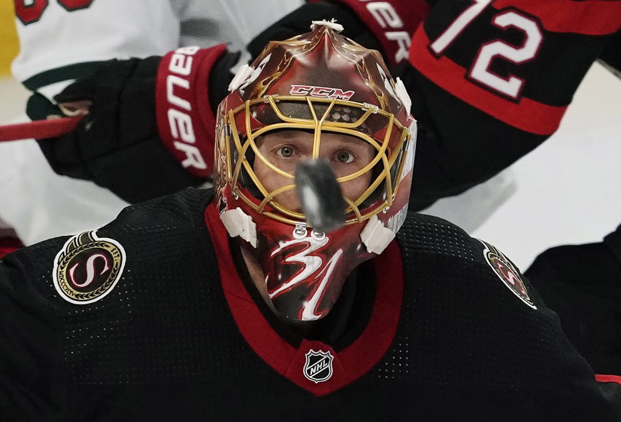 Ottawa Senators goaltender Anton Forsberg keeps his eye on the puck during an NHL hockey game against the Minnesota Wild on Thursday, October 27, in Ottawa, Canada.