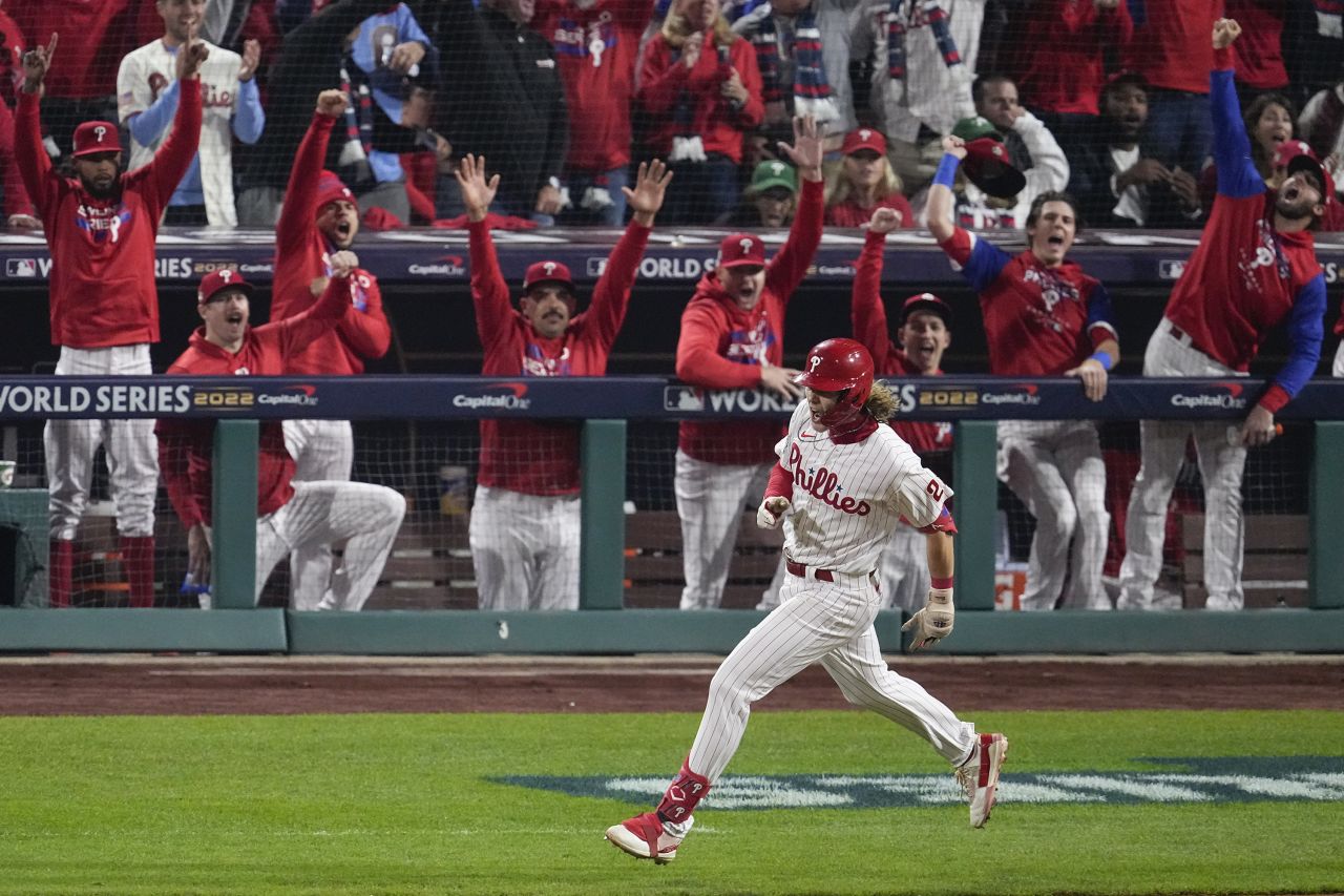 Philadelphia's Alec Bohm rounds the bases after hitting a home run in Game 3 of <a href="https://www.cnn.com/2022/10/28/sport/gallery/world-series-2022" target="_blank">the World Series</a> on Tuesday, November 1. The Phillies hit five home runs in the game, <a href="https://www.cnn.com/2022/11/02/sport/astros-phillies-world-series-game-3-spt-intl-trnd" target="_blank">tying a World Series record</a>, and they won 7-0 to take a 2-1 series lead over the Houston Astros.