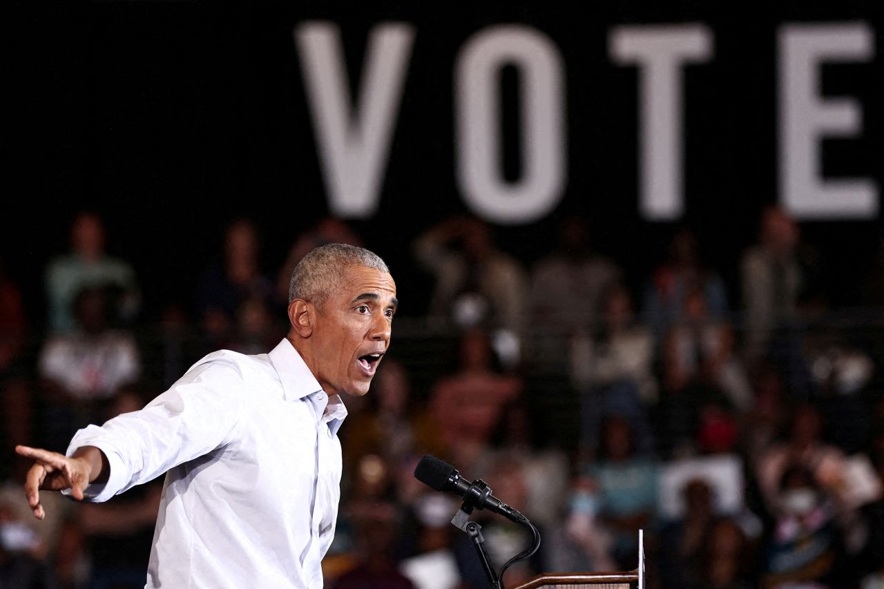 Former US President Barack Obama speaks at a campaign rally for Sen. Raphael Warnock in Atlanta on Friday, October 28, ahead of the midterm elections.
