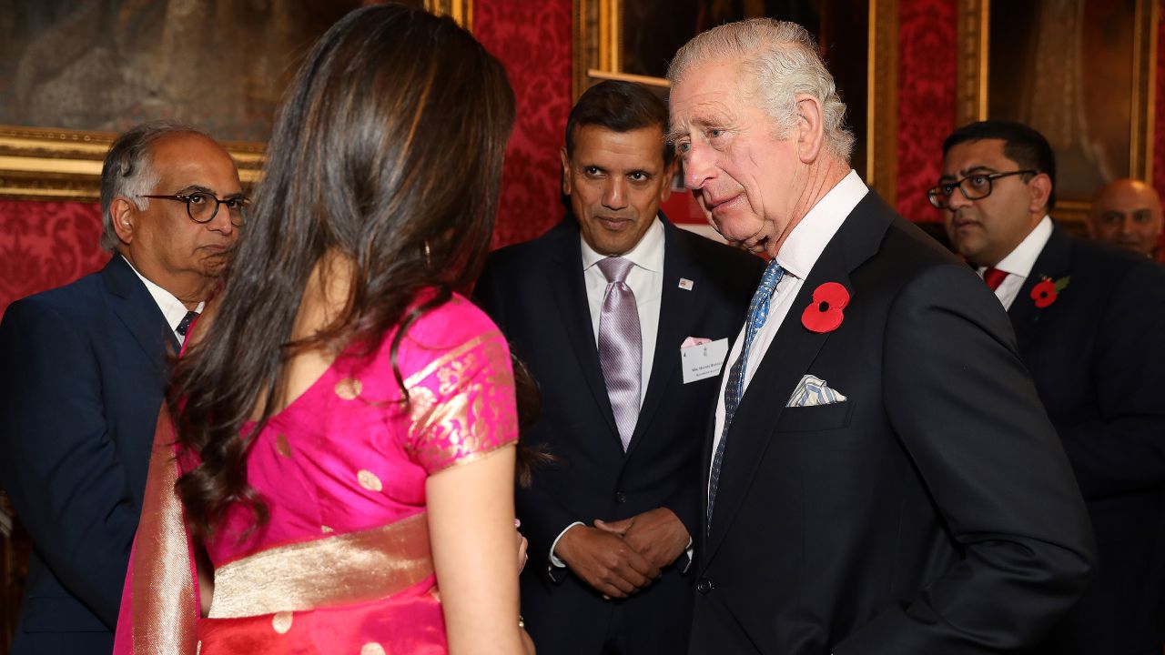 King Charles is seen at a Buckingham Palace reception marking 50 years since thousands of Ugandan Asians were resettled in Britain after being forced out by former Ugandan President Idi Amin.