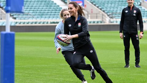 Kate tries her hand at rugby at Twickenham, the national rugby union stadium in London.