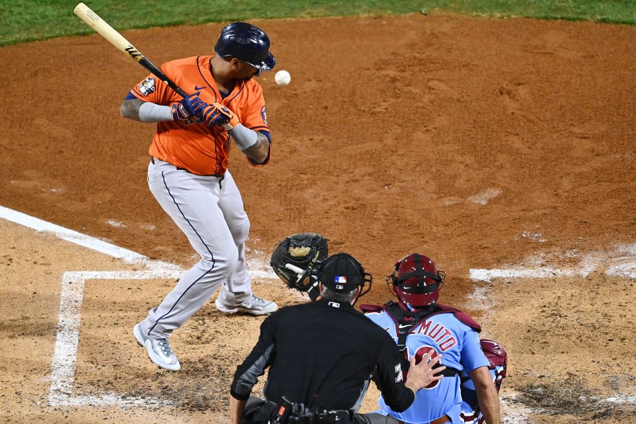 Martin Maldonado of the Astros watches a pitch during Game 5.