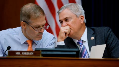 Reps. Jim Jordan of Ohio and James Comer of Kentucky talk during a hearing on Capitol Hill on June 22, 2022 in Washington, DC. 