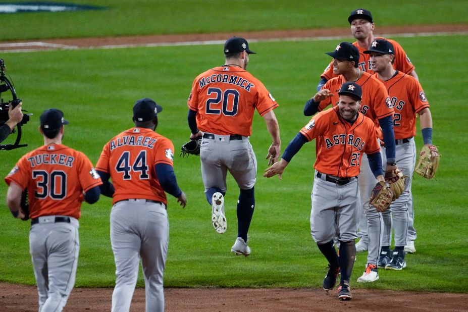 The Houston Astros celebrate their win in Game 5 of the World Series against the Philadelphia Phillies on Thursday, November 4.