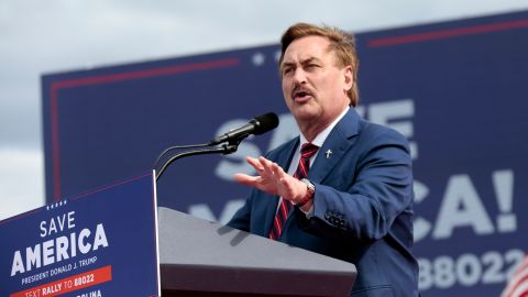 MyPillow CEO Mike Lindell speaks at a rally for former President Donald Trump on April 9, 2022, in Selma.