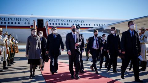 German Chancellor Olaf Scholz arrives at Beijing Capital International Airport on November 4, 2022.