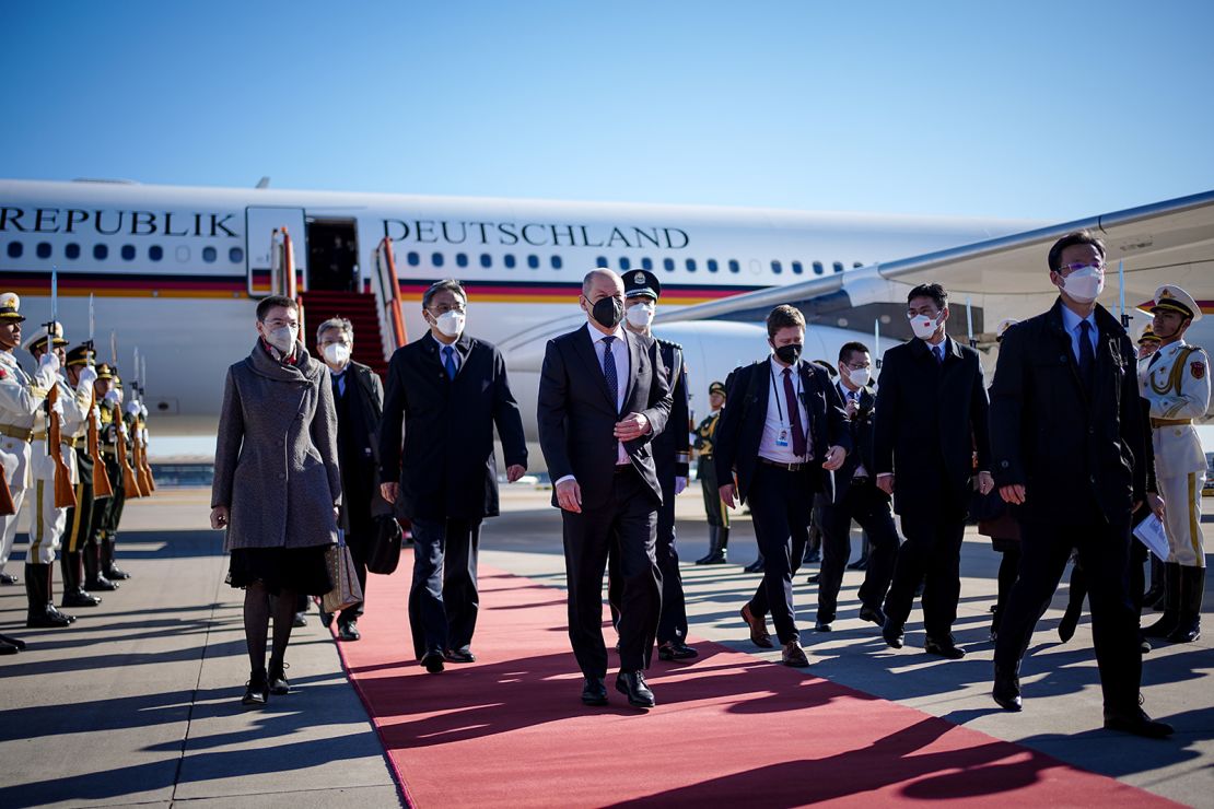 German Chancellor Olaf Scholz arrives at Beijing Capital International Airport on November 4, 2022.