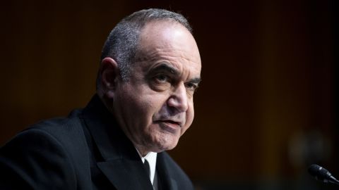 Navy Adm. Charles Richard, commander of the US Strategic Command, testifies during a Senate Armed Services Committee hearing on March 8, 2022.