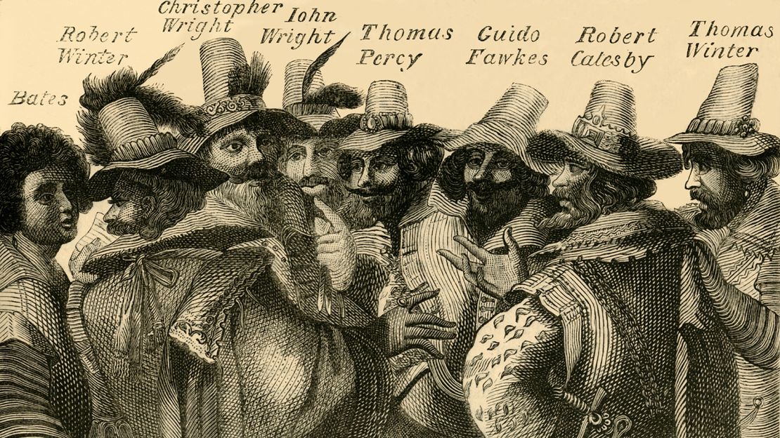 An illustration depicting Guy Fawkes and the other men behind the failed Gunpowder Plot of 1605.