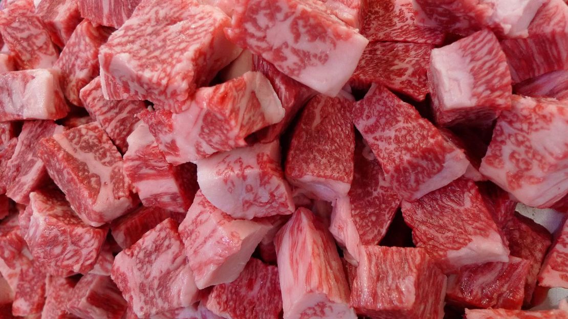 Close-up of marbled Kobe beef.