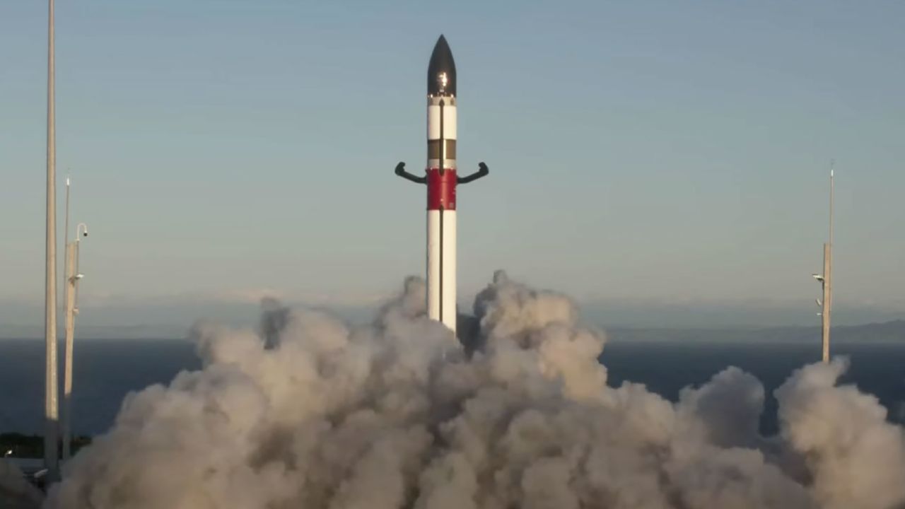Rocket Lab's Electron rocket takes off from its launchpad in New Zealand on November 4. Post-launch, the company attempted to recover the rocket booster midair without success.