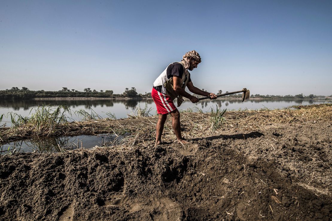 Adel Yacoub, a 50-year-old Egyptian farmer, works a field in the village of Gabal al-Tayr.