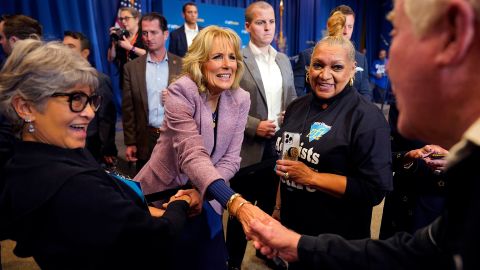 First Lady Jill Biden, center, shakes hands as she departs a Get-Out-The-Vote Rally during a visit to the American Federation of Teacher's Headquarters in Pittsburgh, in support of local candidates, Wednesday, Nov. 2, 2022. 