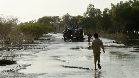 People displaced from their homes by flooding in Pakistan in Dadu, Sindh province, on Oct. 27, 2022.