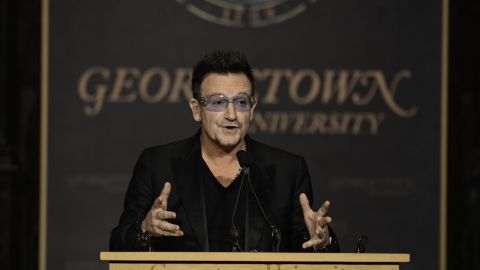 Bono speaks at the 2012 Global Social Enterprise Initiative Event at Georgetown University on November 12, 2012, in Washington.