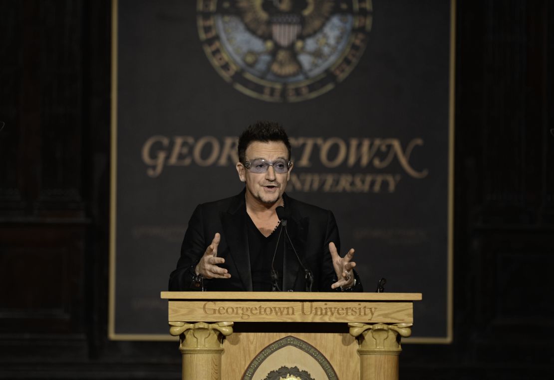 Bono speaks at the 2012 Global Social Enterprise Initiative Event at Georgetown University on November 12, 2012, in Washington.