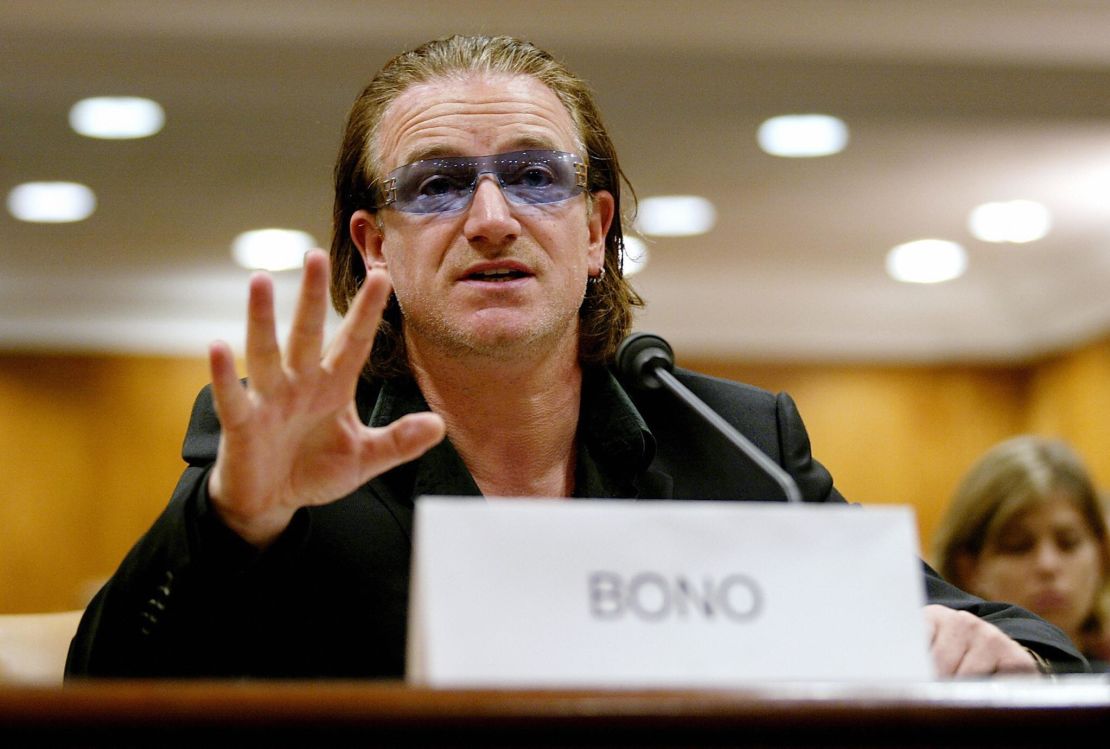 Bono testifies about AIDS programs before the US Senate Appropriations Committee in May 2004 in Washington. 