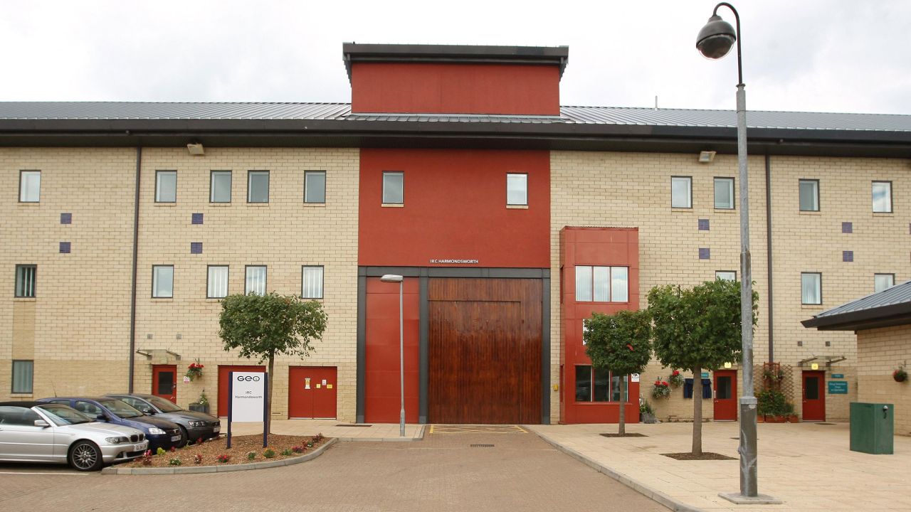 A file image shows Harmondsworth Immigration Removal Center in West Drayton, near London.