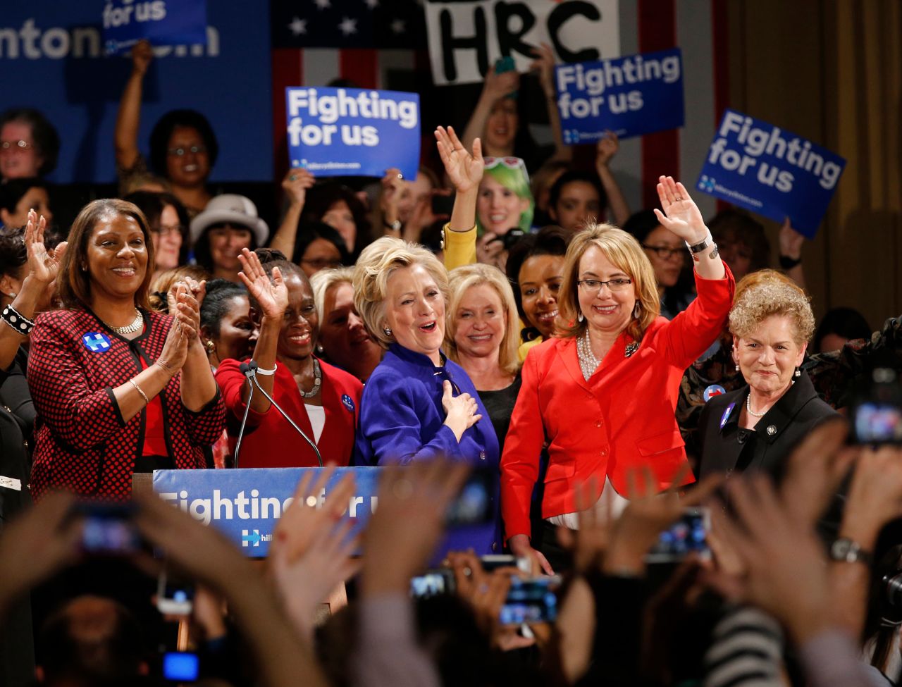 Giffords joins Democratic presidential candidate Hillary Clinton at a Women for Hillary event in New York City, one day before the New York primary in 2016.