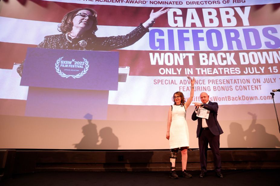 Giffords and Kelly attend the Tucson premiere of the film "Gabby Giffords Won't Back Down" in July 2022.