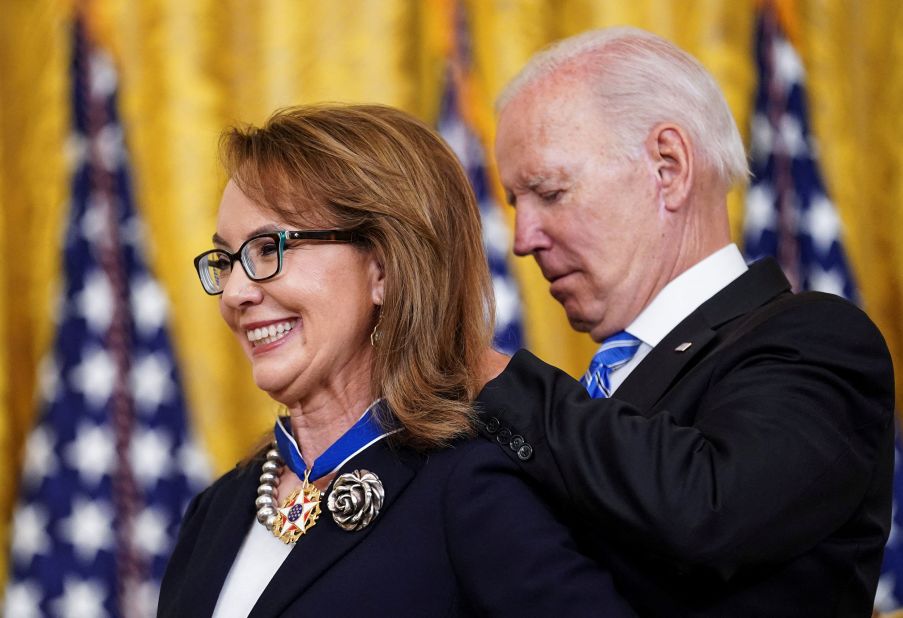 President Biden awards Giffords with the Presidential Medal of Freedom in July 2022.
