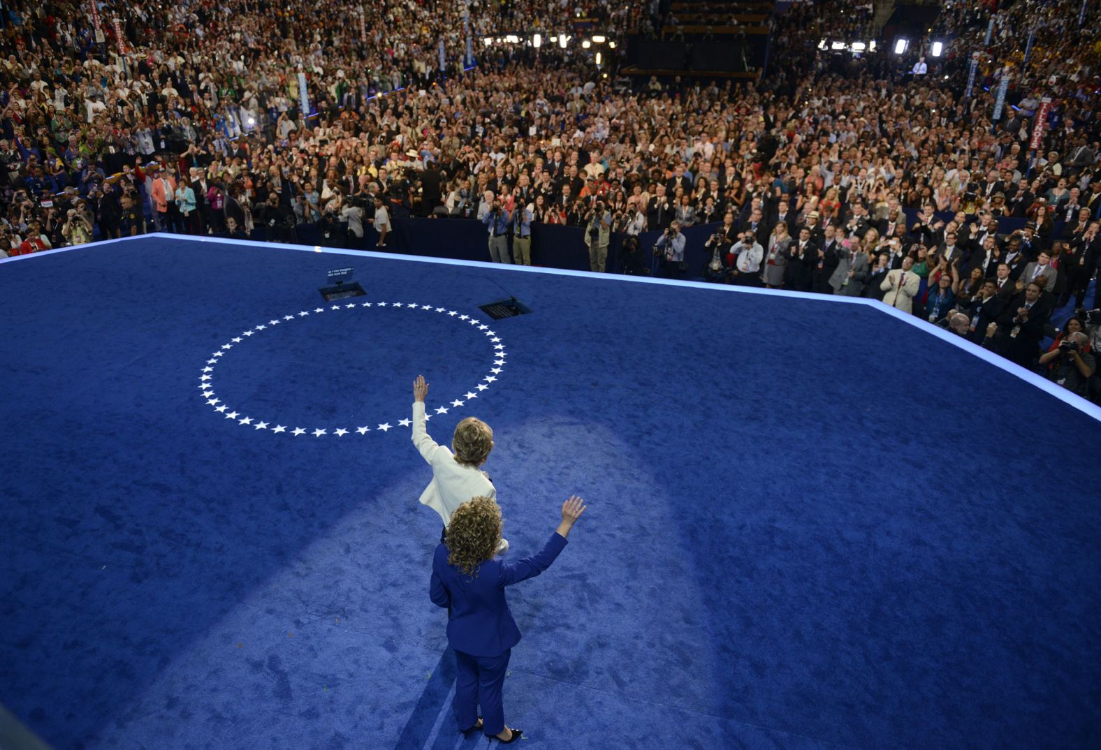 US Rep. Debbie Wasserman Schultz, head of the Democratic National Committee, joins Giffords on stage at the Democratic National Convention in September 2012.