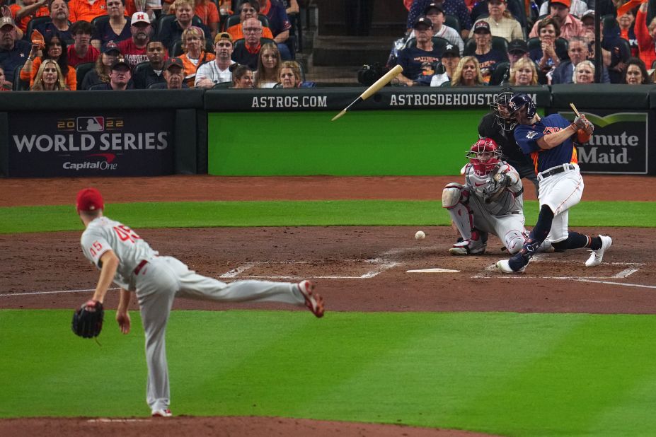 Houston's Chas McCormick breaks his bat during Game 6.