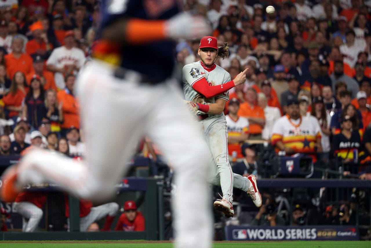 Phillies third baseman Alec Bohm throws out Houston's Martin Maldonado during the third inning of Saturday's game.