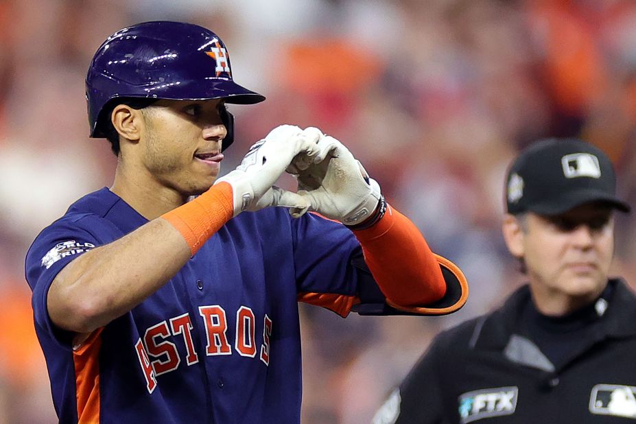 Astros shortstop Jeremy Peña reacts after hitting a single on Saturday. Peña was awarded the World Series MVP for his stellar play during the series. He is just the second rookie to be named LCS and World Series MVP in the same postseason.