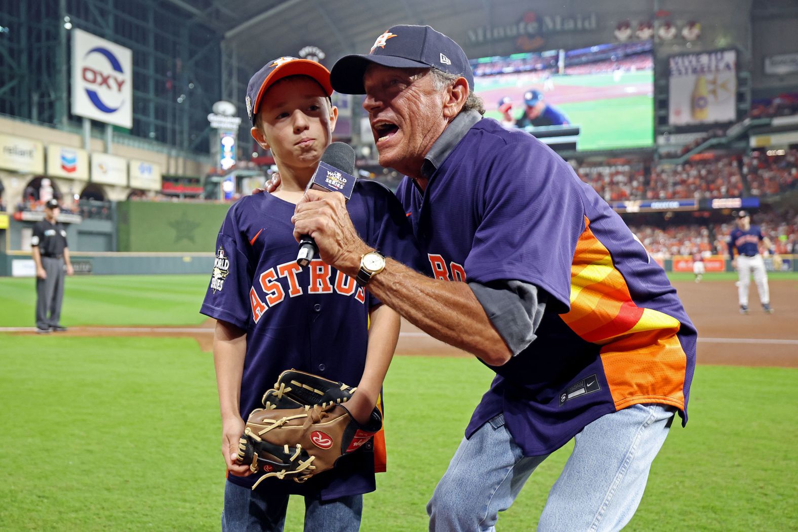 Country music icon George Strait announces "Play Ball" before the start of Game 6.