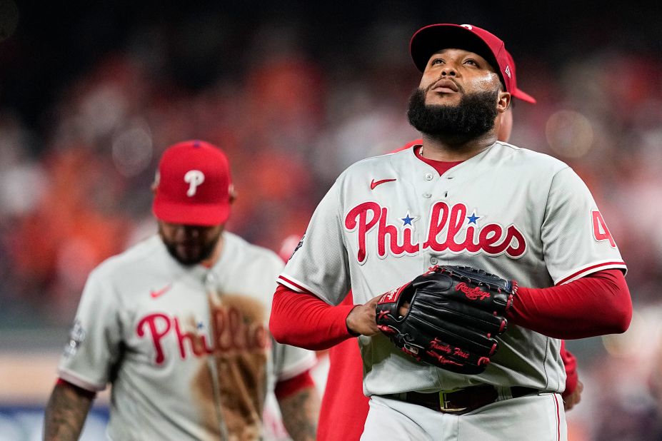 Phillies relief pitcher Jose Alvarado reacts to Alvarez's home run on Saturday.