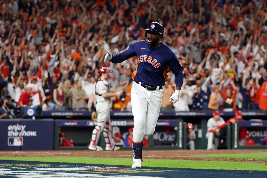 Houston's Yordan Alvarez celebrates after hitting a three-run home run during Game 6. The home run gave the Astros a 3-1 lead.