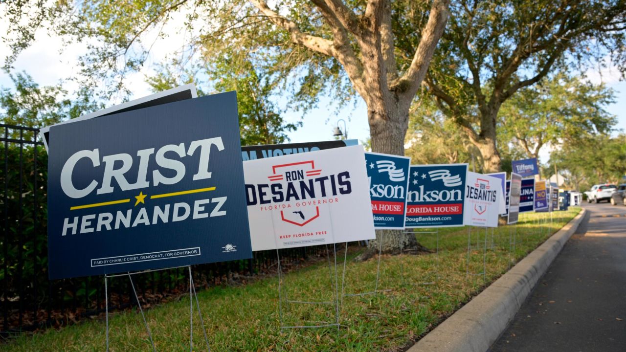 Campaign signs are viewed outside an early voting location for the general election at a branch of the Orange County Public Library, Thursday, Nov. 3, 2022, in Winter Garden, Fla. (Phelan M. Ebenhack via AP)