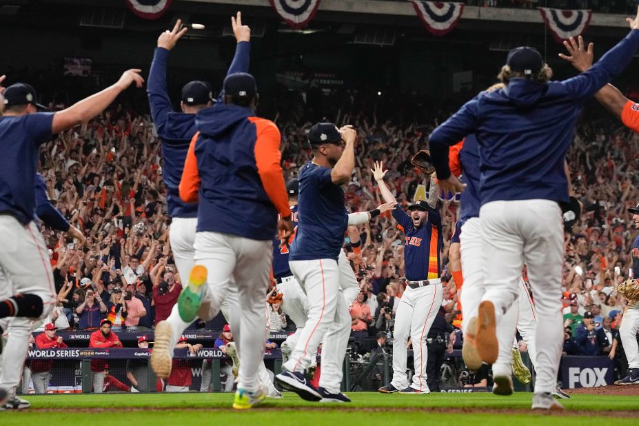 The Houston Astros celebrate their World Series win against the Philadelphia Phillies in Houston, Texas, on Saturday, November 5.