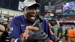 HOUSTON, TEXAS - NOVEMBER 05: Manager Dusty Baker Jr. of the Houston Astros celebrates after defeating the Philadelphia Phillies 4-1 to win the 2022 World Series in Game Six of the 2022 World Series at Minute Maid Park on November 05, 2022 in Houston, Texas. (Photo by Carmen Mandato/Getty Images)