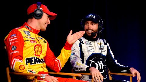 Joey Logano (left) and Ross Chastain talk during a roundtable discussion at the NASCAR Championship 4 Media Day at Phoenix Raceway on November 03, 2022 in Avondale, Arizona.