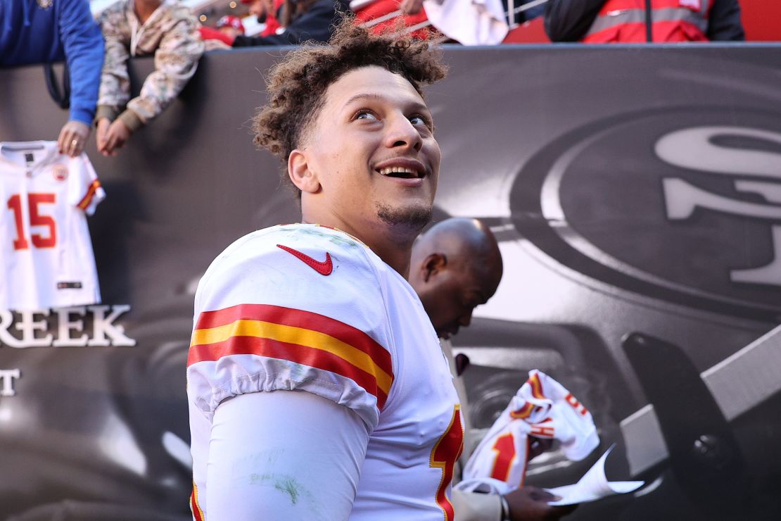 Mahomes smiles at fans while leaving the field after defeating the San Francisco 49ers.