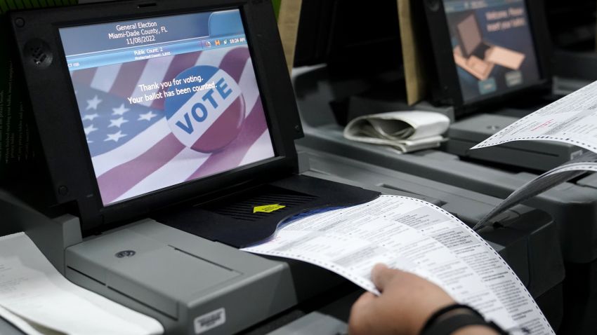 FILE - Employees test voting equipment at the Miami-Dade County Elections Department, Oct. 19, 2022, in Miami, in advance of the 2022 midterm elections on November 8. Top U.S. election security officials say protecting the nation's voting systems has become increasingly more challenging. That's due mostly to the embrace by millions of Americans of unfounded conspiracy theories and false claims about widespread fraud in the 2020 presidential race. (AP Photo/Lynne Sladky, File)