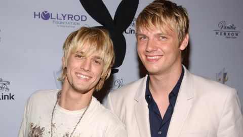 Aaron Carter, left, and Nick Carter at The Playboy Mansion in Los Angeles, California, in July 2006.