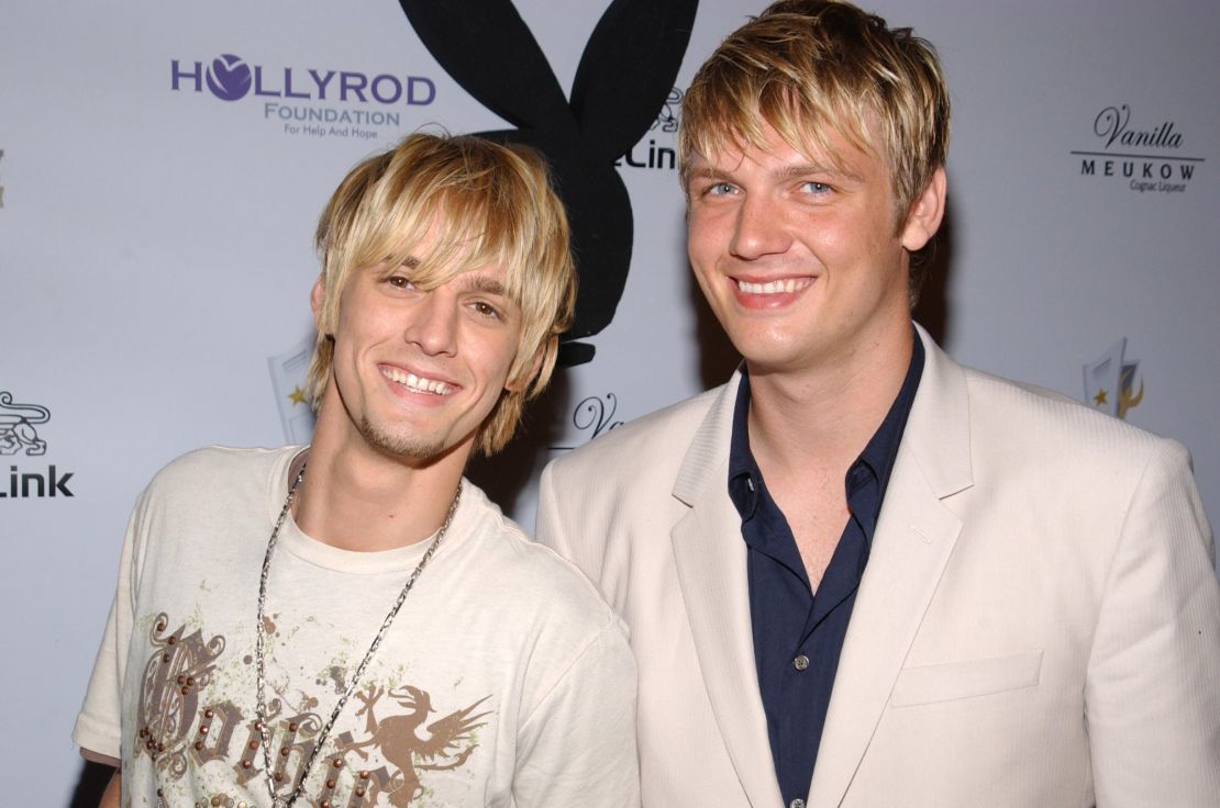 Aaron Carter, left, and Nick Carter at The Playboy Mansion in Los Angeles, California, in July 2006.