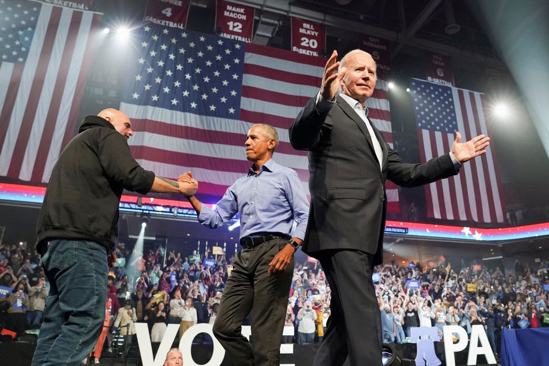 President Joe Biden and former President Barack Obama attend a campaign rally for Pennsylvania candidates John Fetterman, left, and Josh Shapiro in Philadelphia on November 5, 2022. 