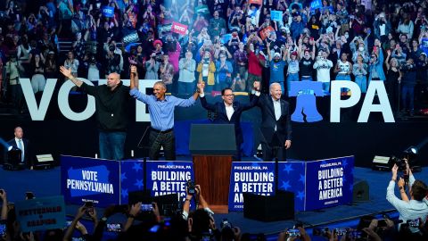 President Joe Biden and former President Barack Obama take part in a campaign rally in Philadelphia on November 5, 2022, with Josh Shapiro, center right, and John Fetterman.