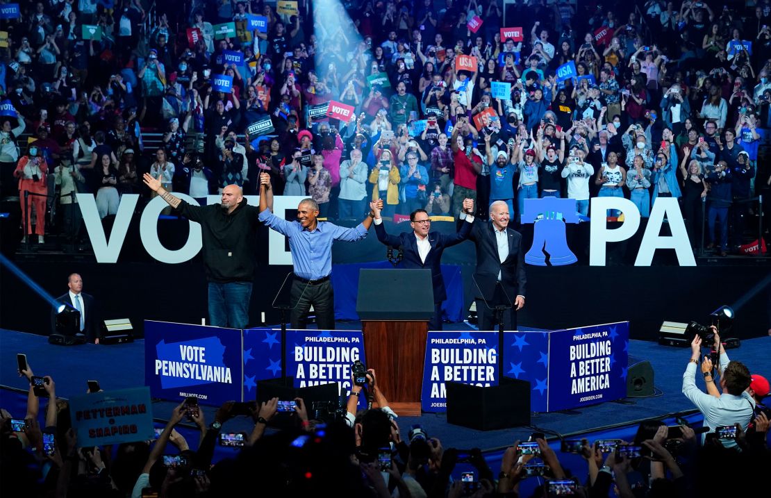 President Joe Biden and former President Barack Obama take part in a campaign rally in Philadelphia on November 5, 2022, with Josh Shapiro, center right, and John Fetterman.
