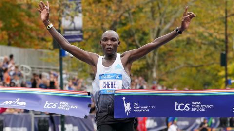 Chebet crosses the finish line of the NYC Marathon. 