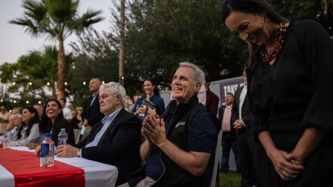 McCarthy cheers as Texas congressional candidate Monica De La Cruz is introduced at an event in McAllen on Sunday.